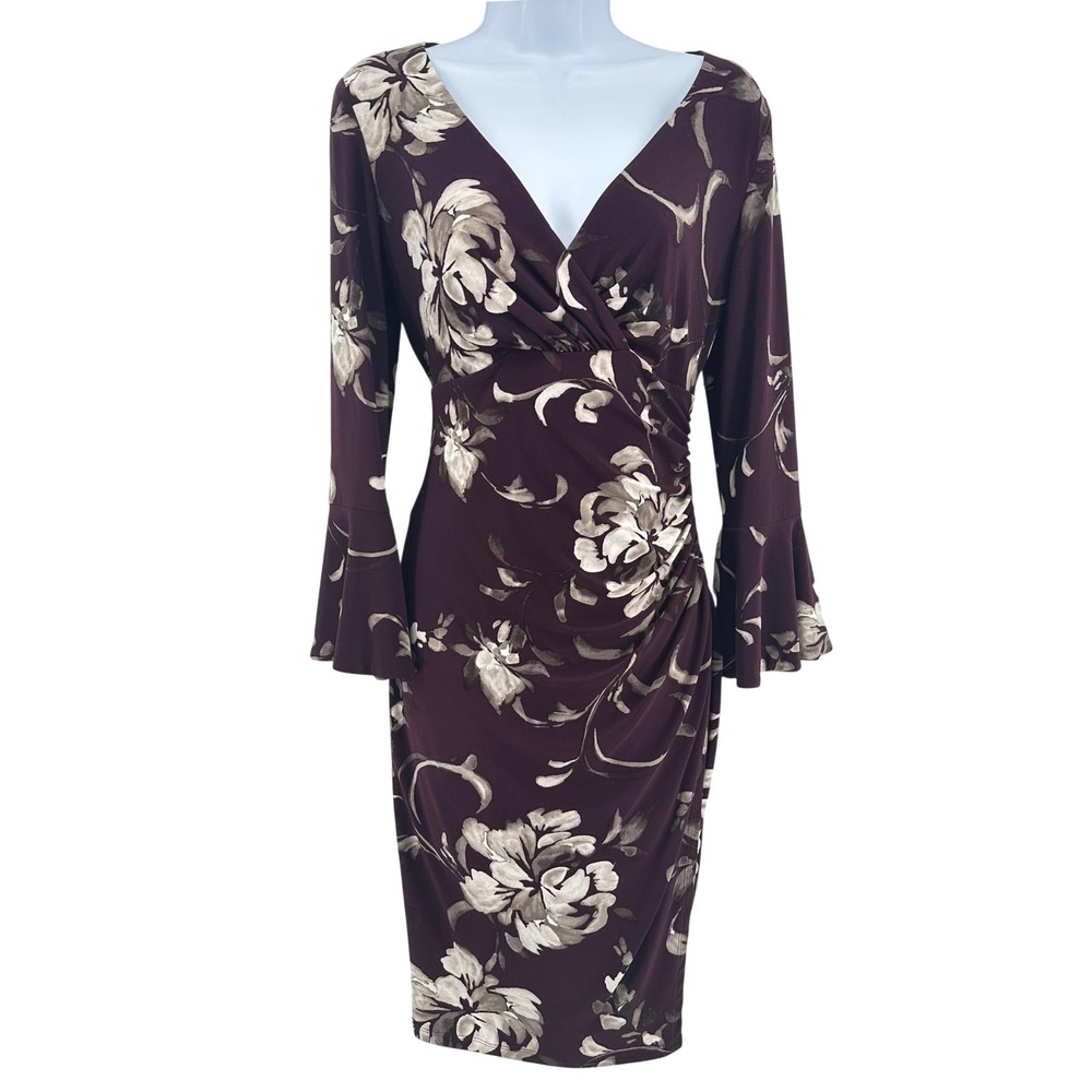 Lauren Ralph Lauren Faux Wrap Dress Ruched Bell Sleeve Garden Party Romantic 6